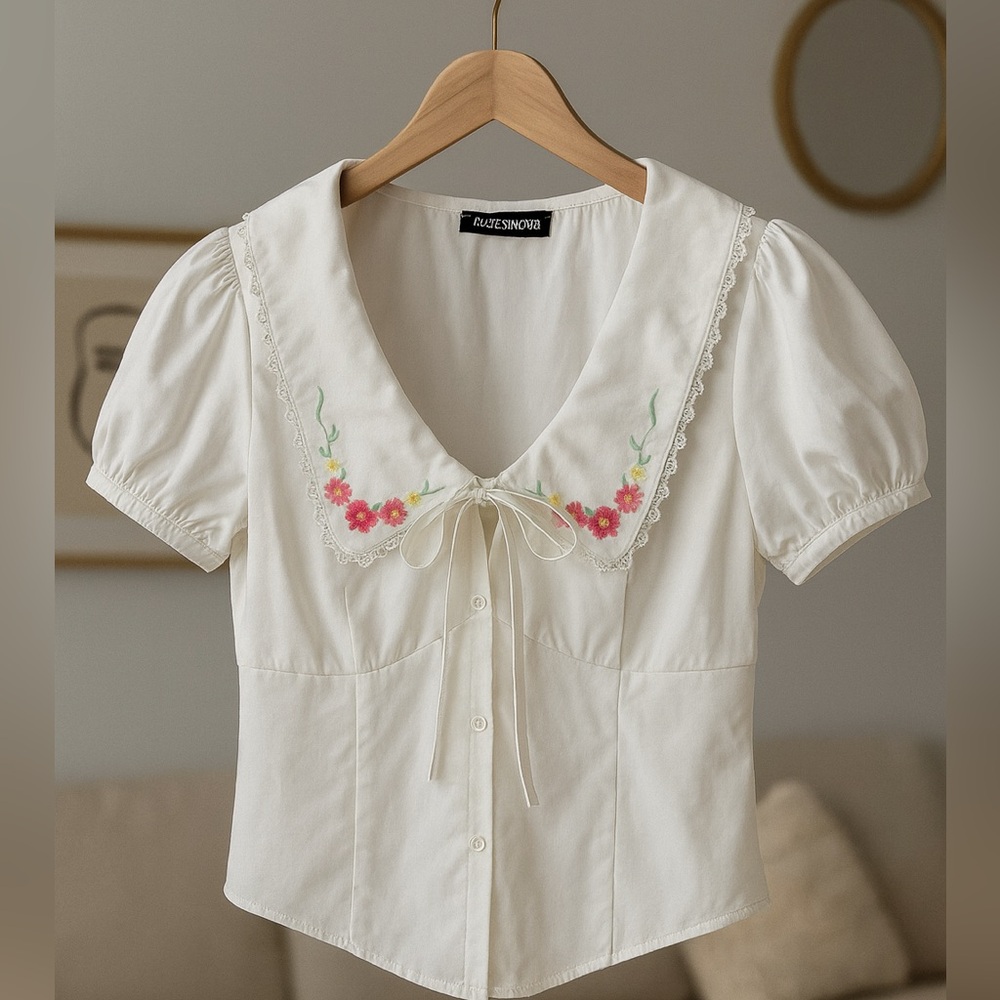 Floral Embroidered Blouse - Cream